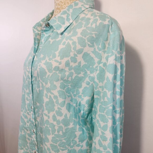 Charter Club Size XL Blue Floral Print Linen Button Down Roll Tab Sleeve Shirt - Picture 8 of 15